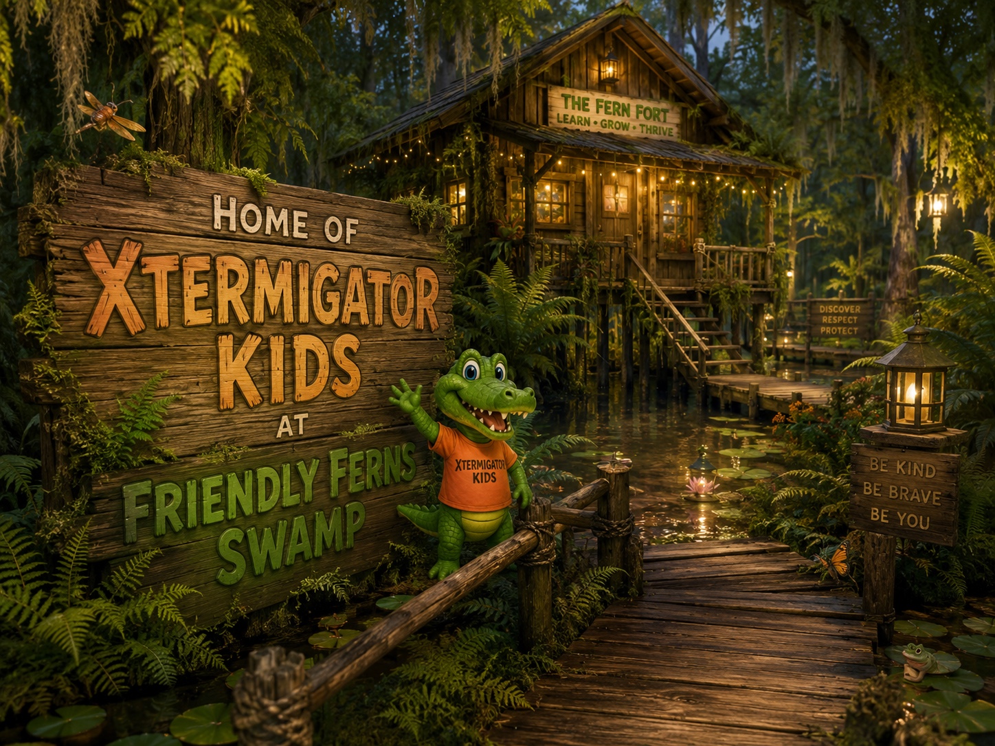 A warmly lit wooden Fern Fort beside a swamp walkway, surrounded by ferns and lanterns