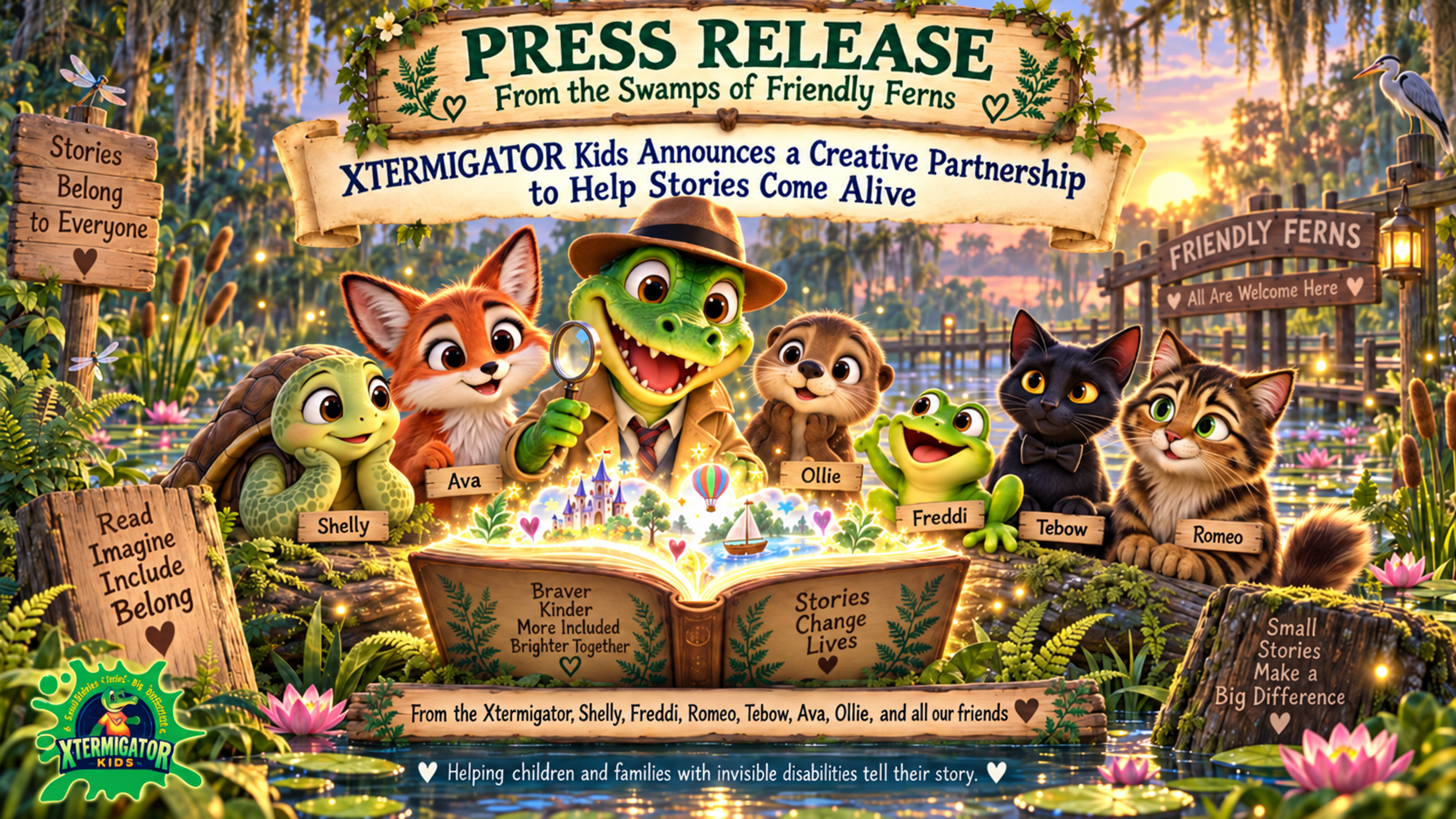 The XTERMIGATOR Kids Friendly Ferns characters gathered around a glowing storybook for a creative partnership announcement.